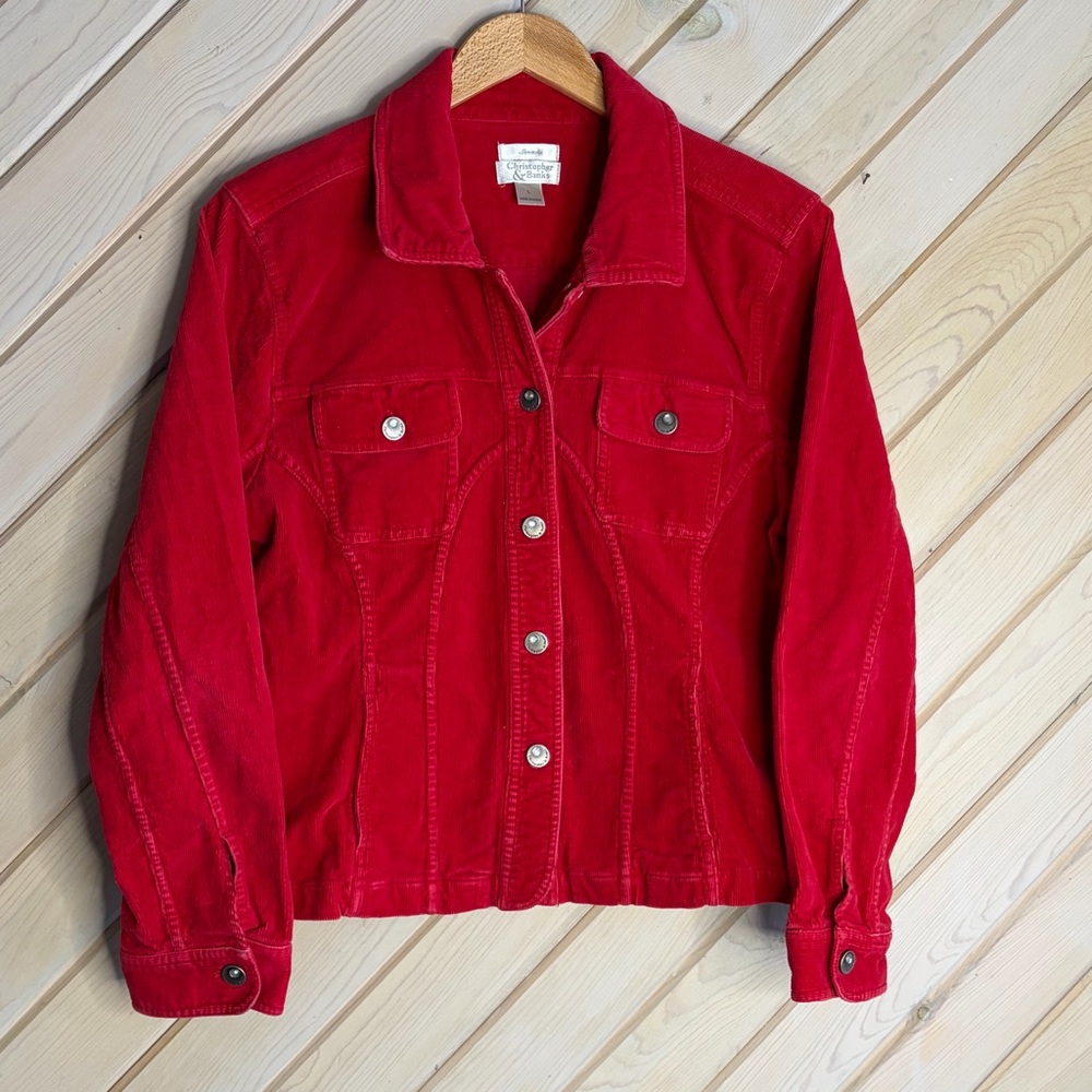 Vibrant Christopher & Banks Stretch Red Corduroy Jacket with Rhinestone Buttons